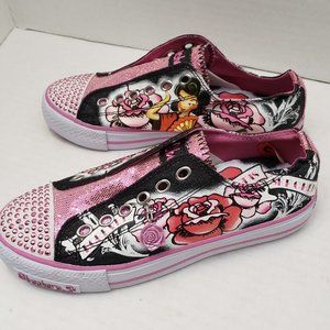 Sketchers Bling Slip On Oriental Red Pink Roses Sneaker Girls Shoes Pixie Japan